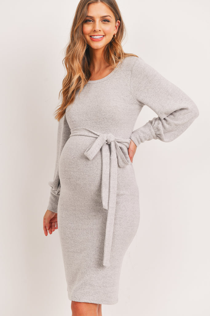 Heather Grey Cashmere-Like Sweater Knit Waist Belt Maternity Dress