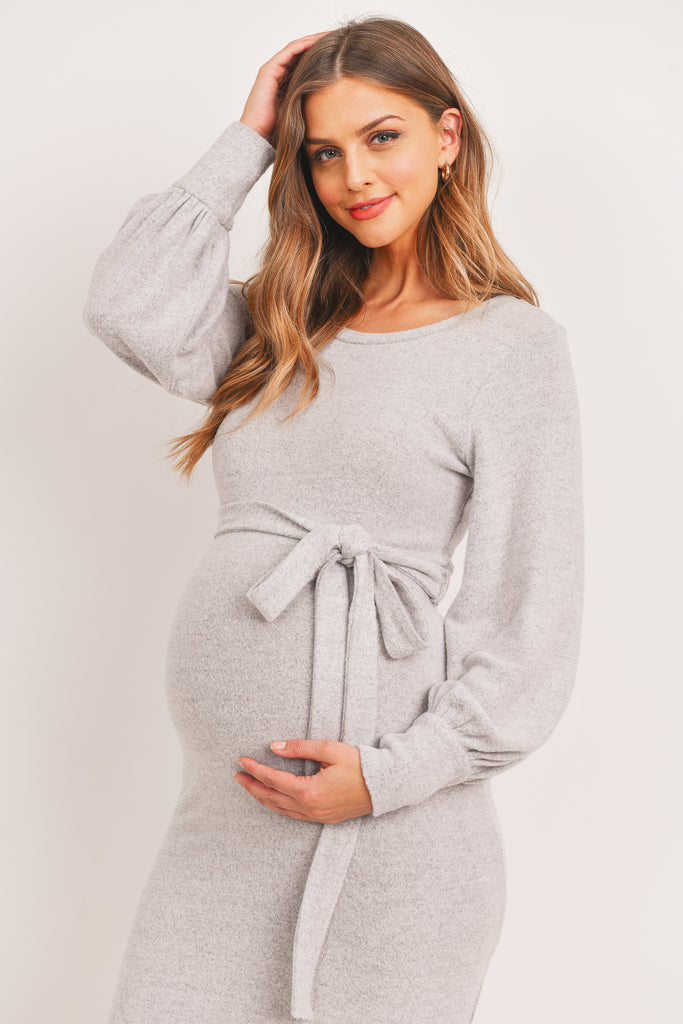 Heather Grey Cashmere-Like Sweater Knit Waist Belt Maternity Dress