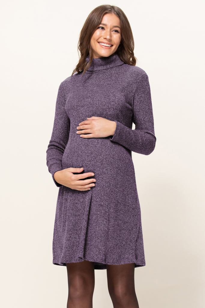 Purple Mir Rib Mock Neck Maternity Shift Dress