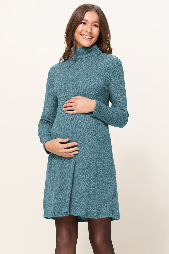 Teal Mir Rib Mock Neck Maternity Shift Dress