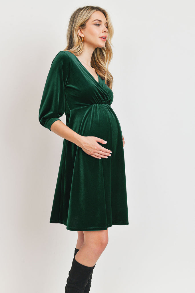 Green Stretch Velvet V-Neck Maternity/Nursing Dress