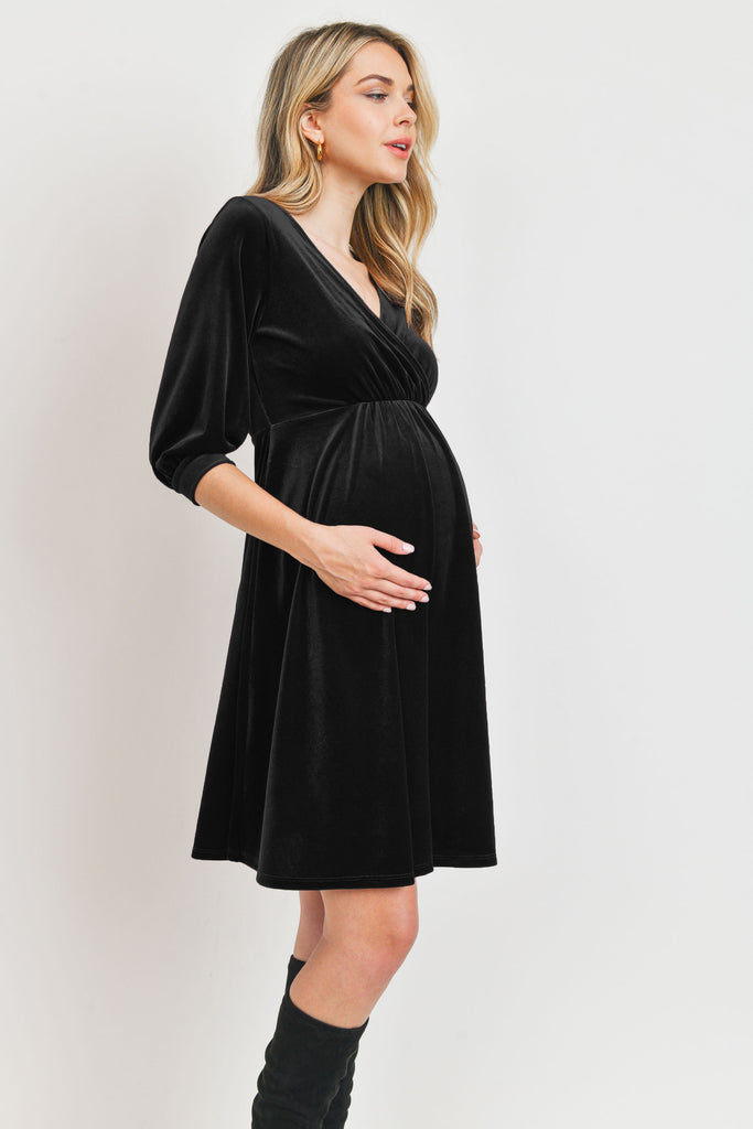 Black Stretch Velvet V-Neck Maternity/Nursing Dress