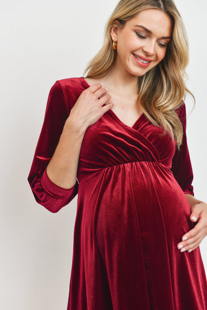 Burgundy Stretch Velvet V-Neck Maternity/Nursing Dress