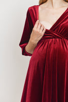 Burgundy Stretch Velvet V-Neck Maternity/Nursing Dress