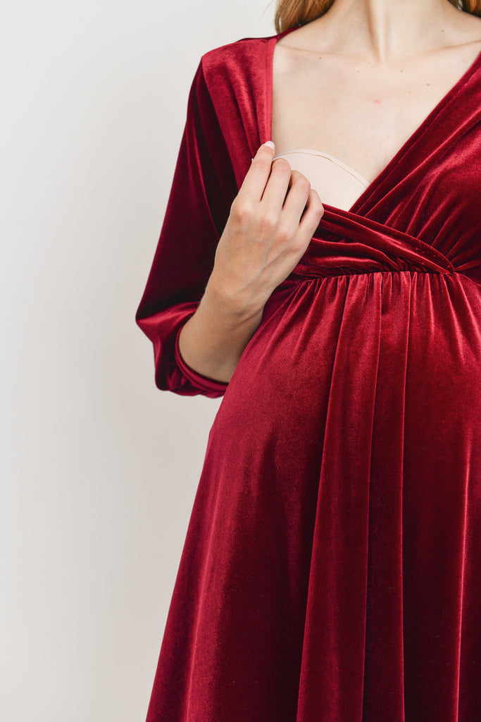 Burgundy Stretch Velvet V-Neck Maternity/Nursing Dress