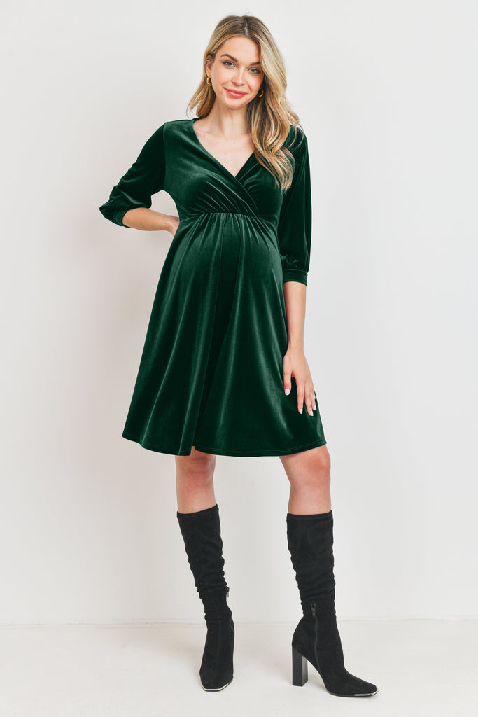 Green Stretch Velvet V-Neck Maternity/Nursing Dress