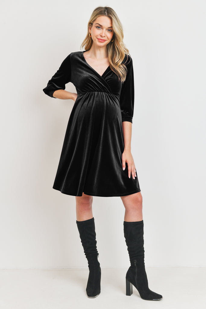 Black Stretch Velvet V-Neck Maternity/Nursing Dress