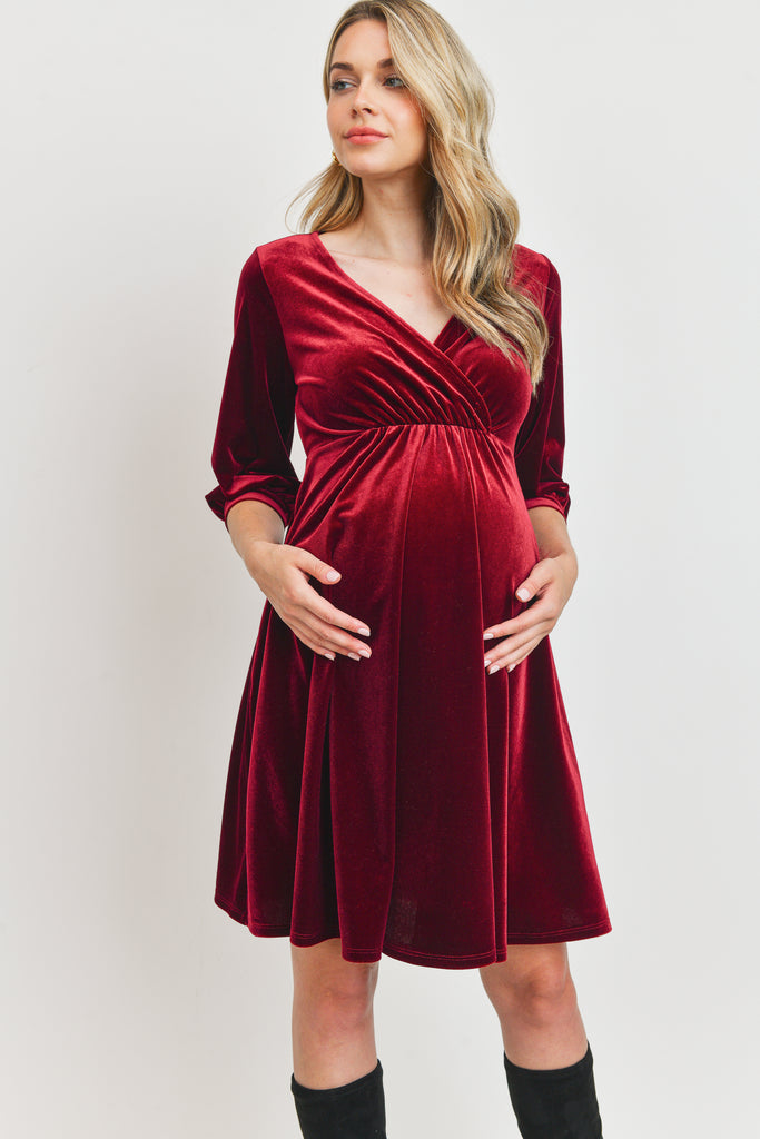 Burgundy Stretch Velvet V-Neck Maternity/Nursing Dress