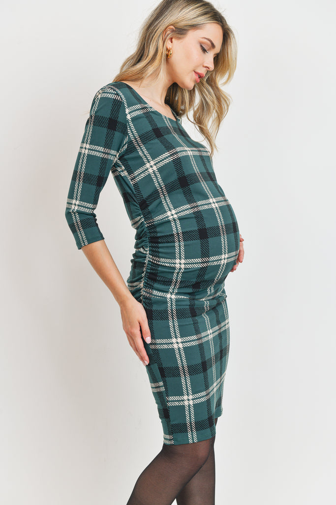 Hunter Green 3/4 Sleeve Plaid Bodycon Maternity Dress