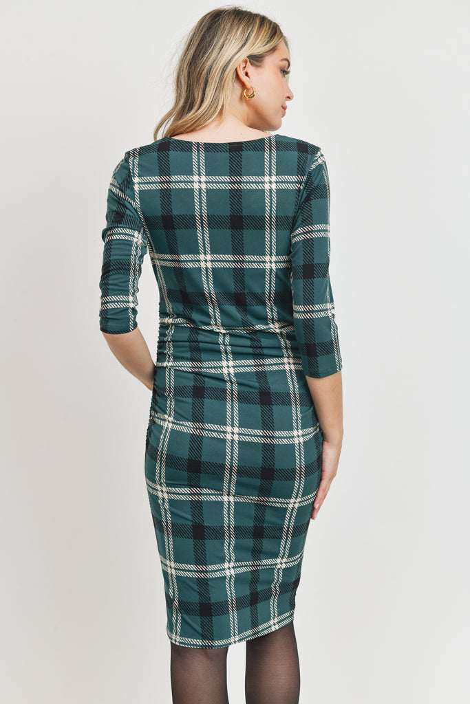 Hunter Green 3/4 Sleeve Plaid Bodycon Maternity Dress