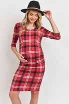 Burgundy 3/4 Sleeve Plaid Bodycon Maternity Dress