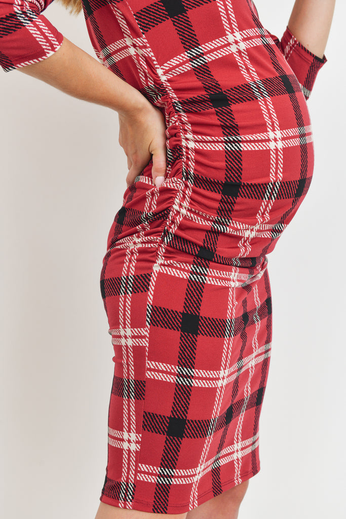 Burgundy 3/4 Sleeve Plaid Bodycon Maternity Dress