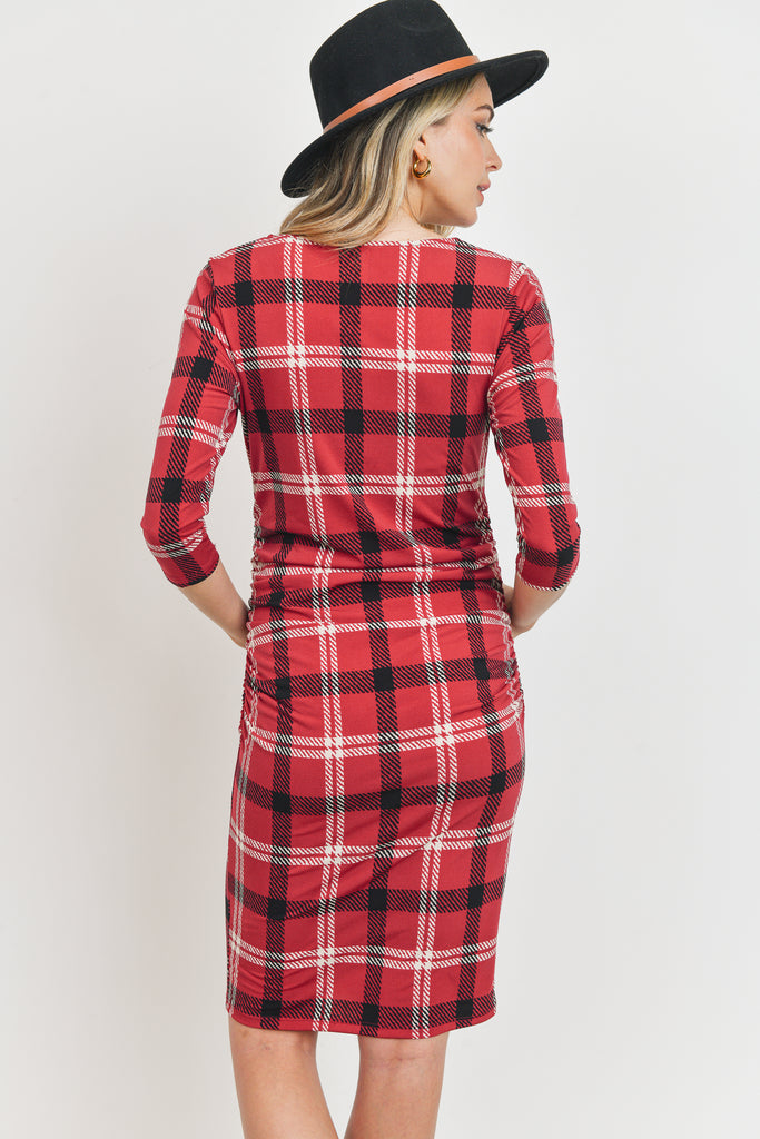 Burgundy 3/4 Sleeve Plaid Bodycon Maternity Dress