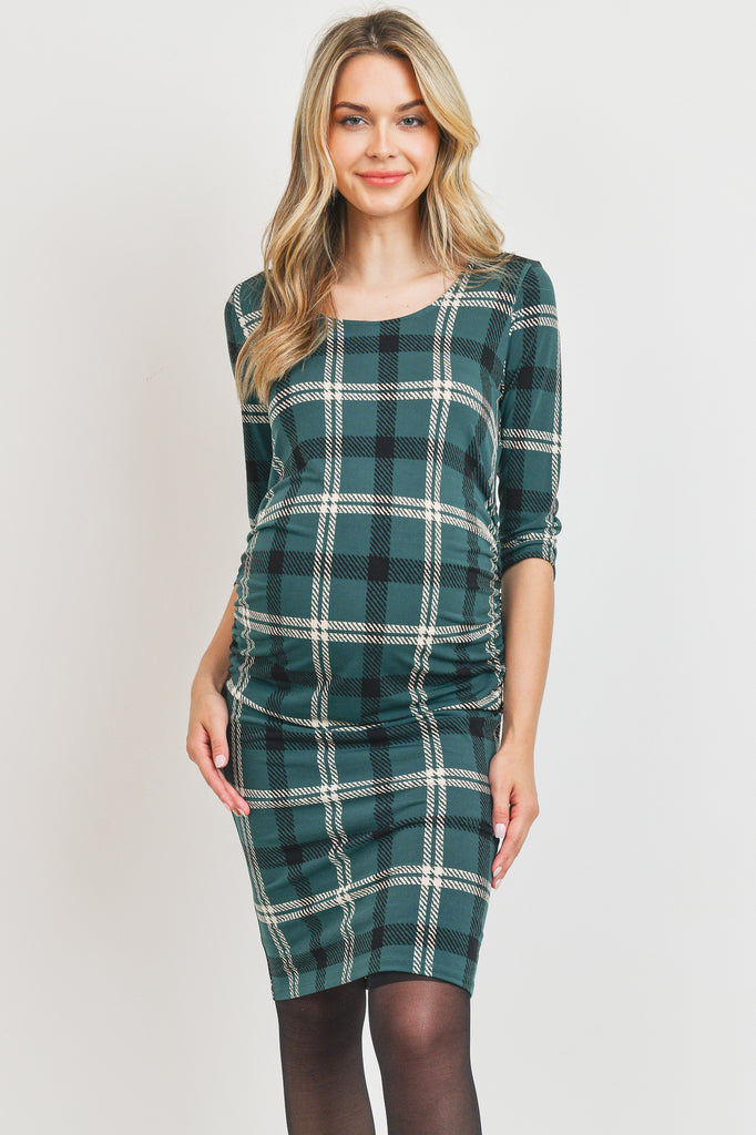 Hunter Green 3/4 Sleeve Plaid Bodycon Maternity Dress