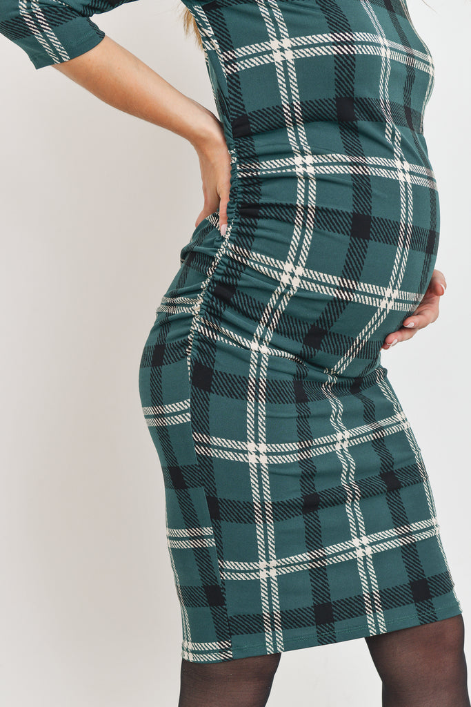 Hunter Green 3/4 Sleeve Plaid Bodycon Maternity Dress