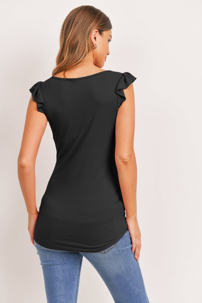 Black Ruffle Sleeve Ribbed Maternity Top