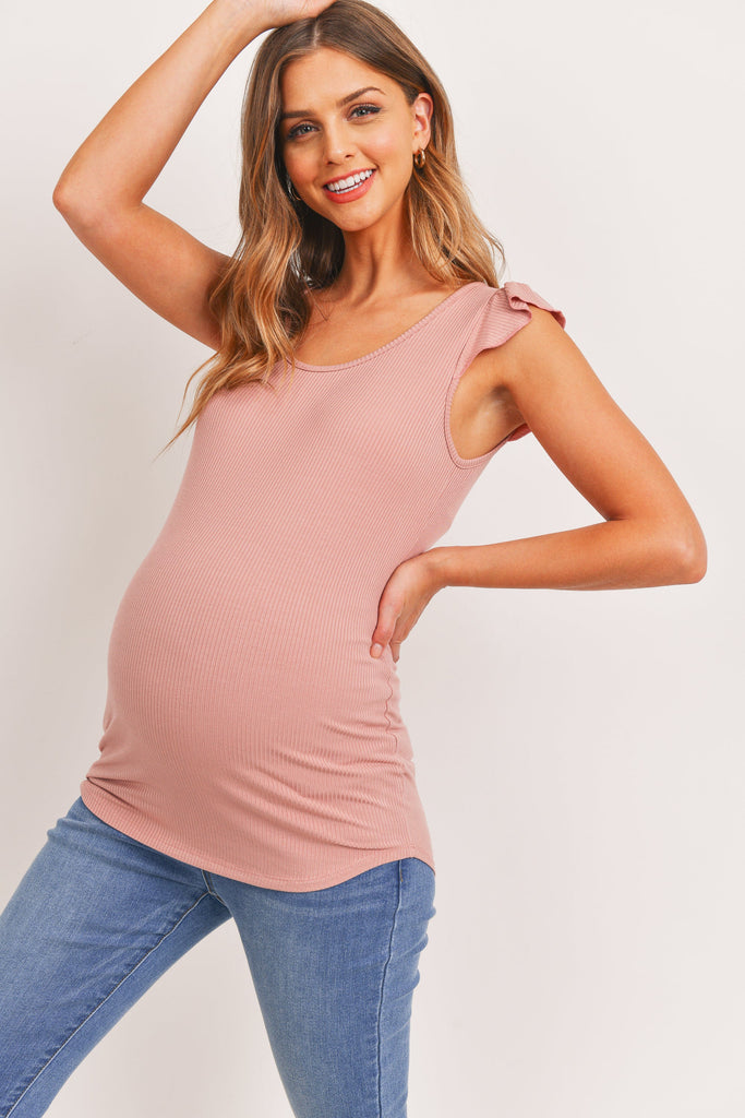 Pink Ruffle Sleeve Ribbed Maternity Top