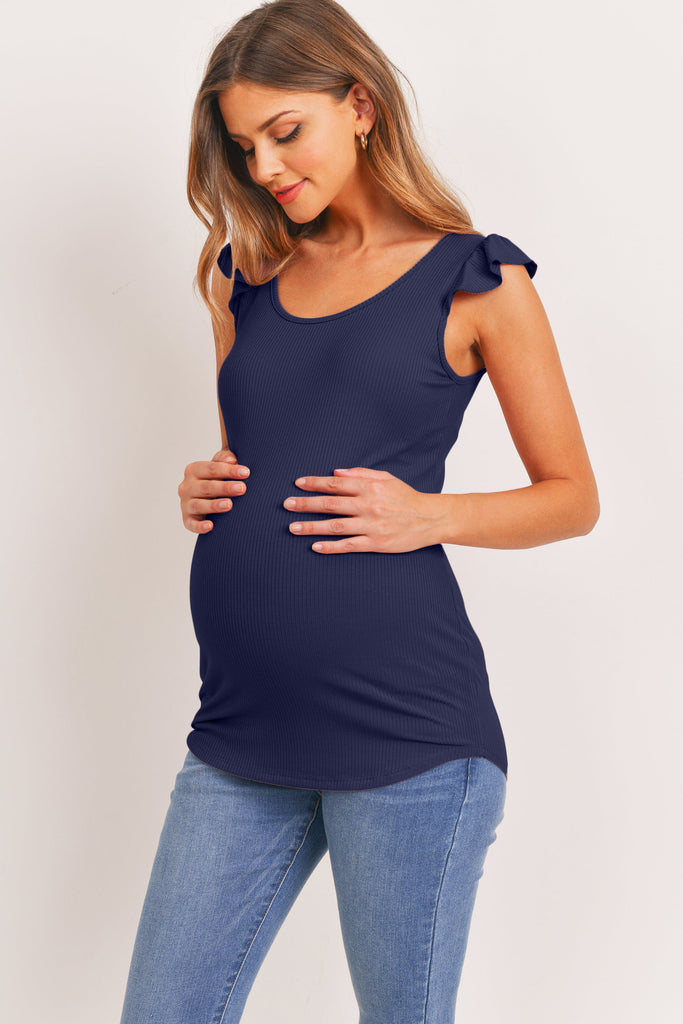 Navy Ruffle Sleeve Ribbed Maternity Top