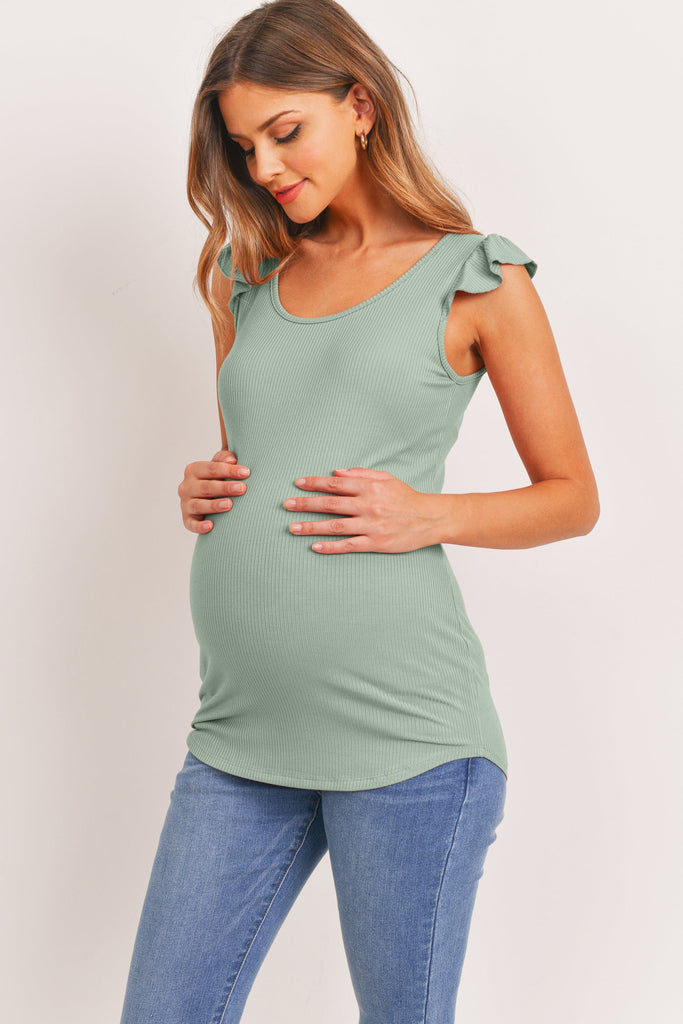 Sage Ruffle Sleeve Ribbed Maternity Top