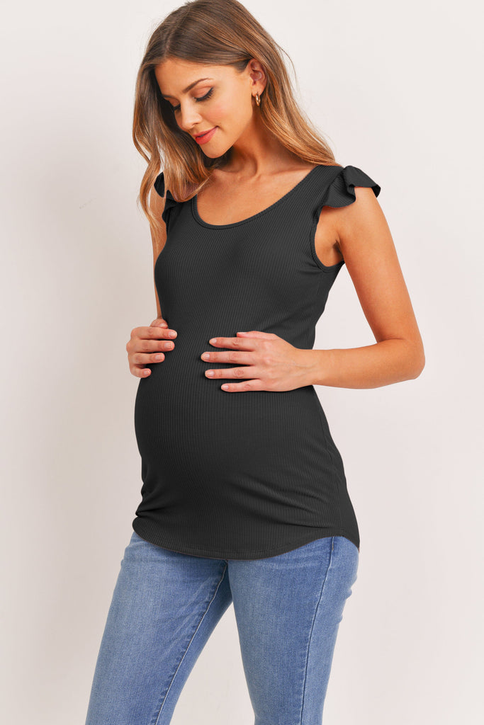 Black Ruffle Sleeve Ribbed Maternity Top