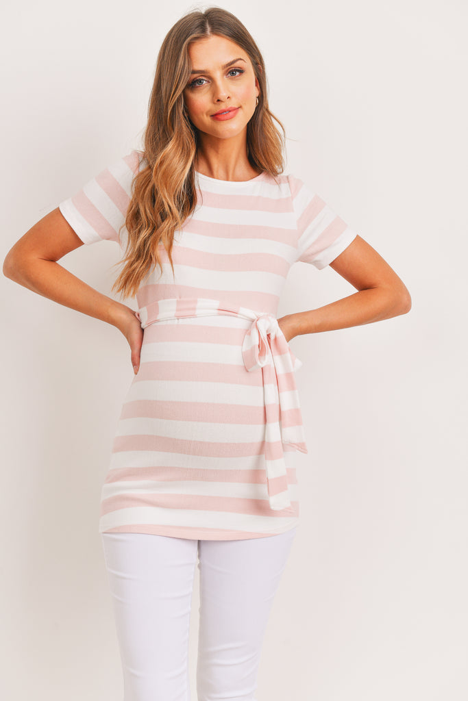 Pink/Ivory Striped Waist Belt Maternity Tunic
