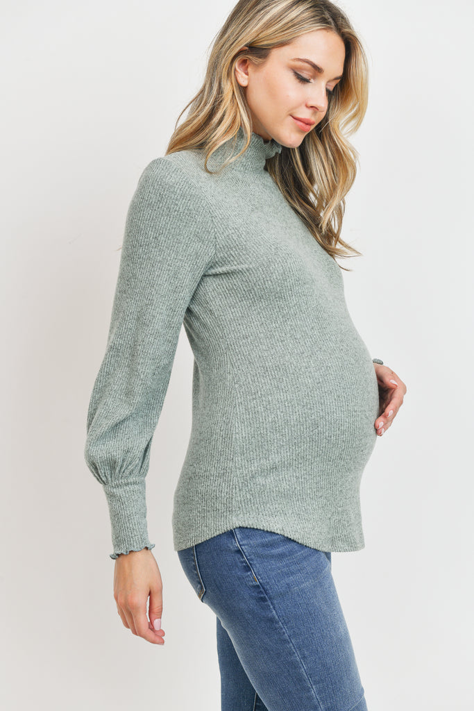 Mint Curly Hem Mock Neck Ribbed Sweater Knit Maternity Top
