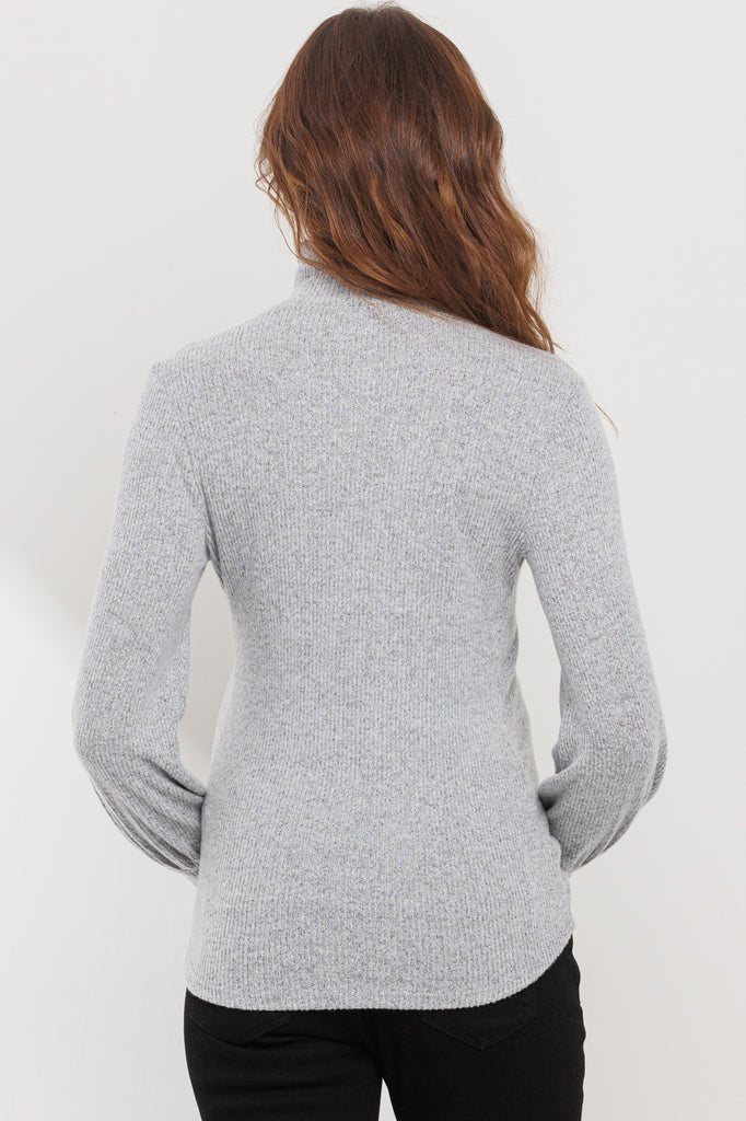 Heather Grey Curly Hem Mock Neck Ribbed Sweater Knit Maternity Top