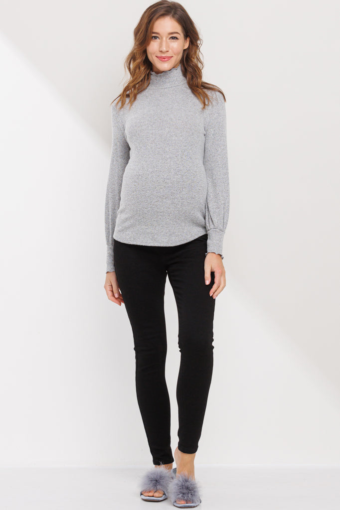 Heather Grey Curly Hem Mock Neck Ribbed Sweater Knit Maternity Top