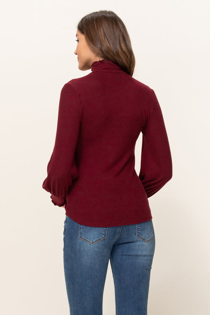 Burgundy Curly Hem Mock Neck Ribbed Sweater Knit Maternity Top