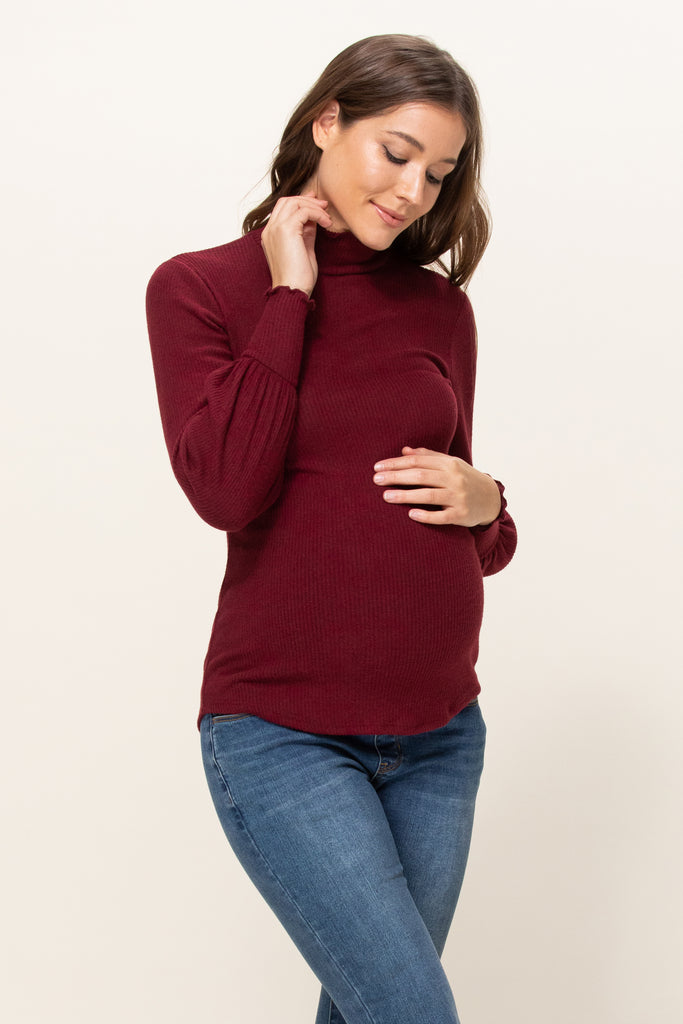 Burgundy Curly Hem Mock Neck Ribbed Sweater Knit Maternity Top