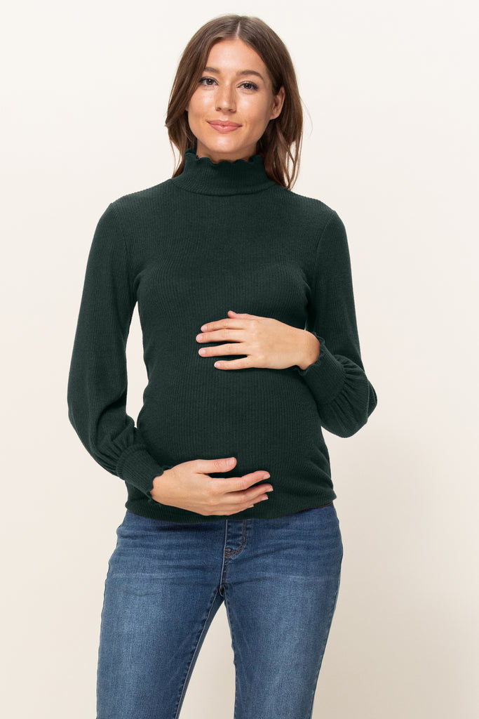 Dark Green Curly Hem Mock Neck Ribbed Sweater Knit Maternity Top