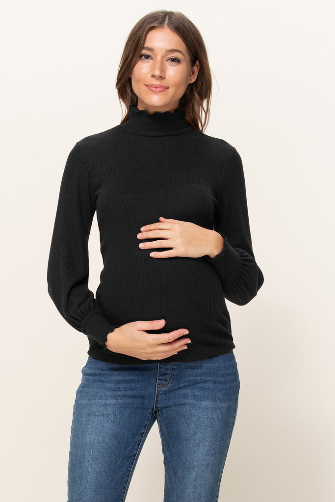 Black Curly Hem Mock Neck Ribbed Sweater Knit Maternity Top