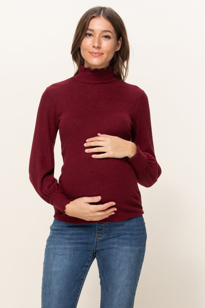 Burgundy Curly Hem Mock Neck Ribbed Sweater Knit Maternity Top