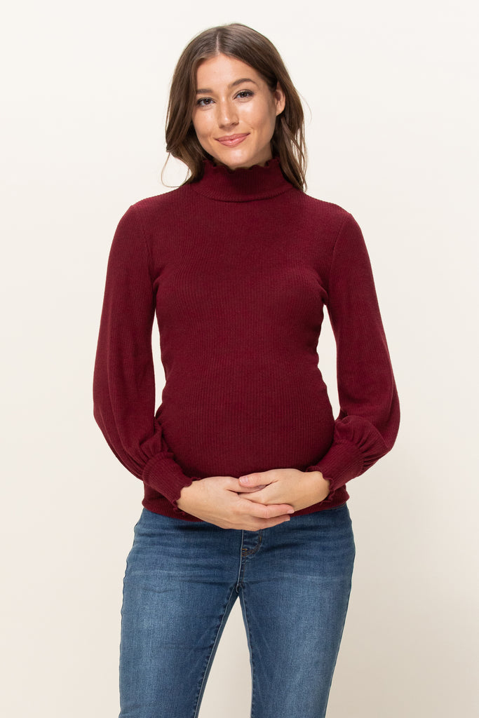 Burgundy Curly Hem Mock Neck Ribbed Sweater Knit Maternity Top