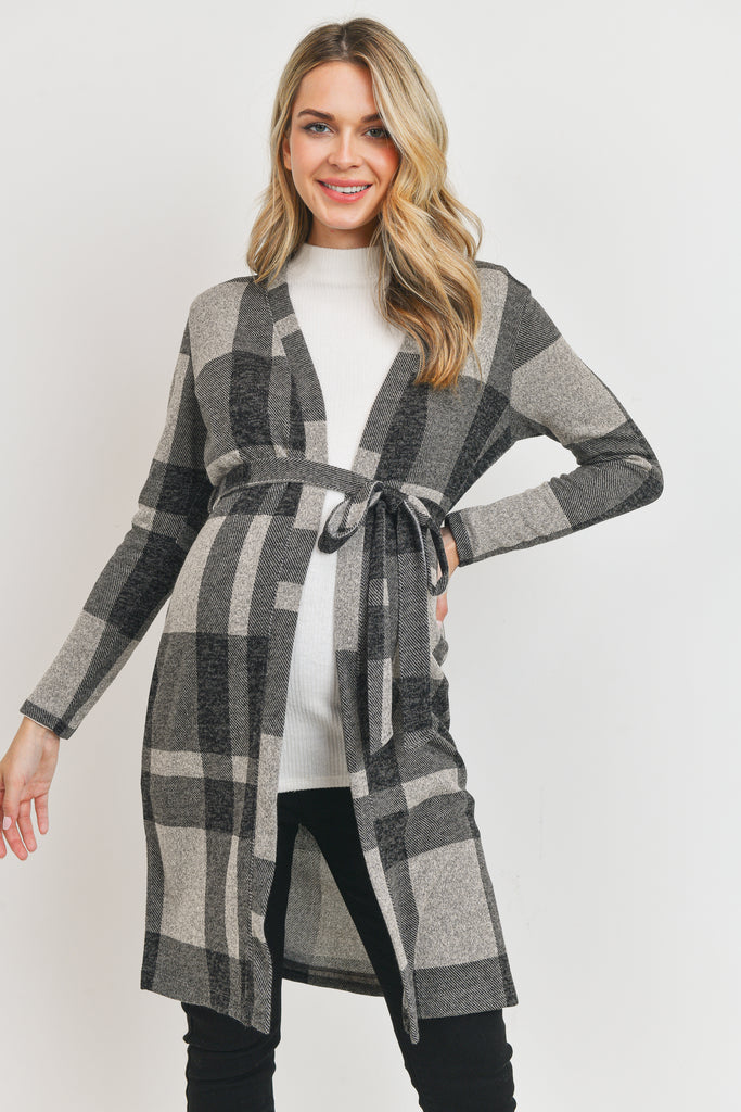 Black Sweater Knit Plaid Open Front Waist Belt Cardigan