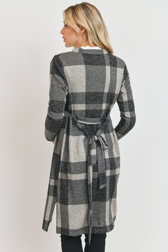 Black Sweater Knit Plaid Open Front Waist Belt Cardigan