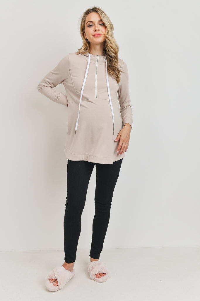 Mocha Heavy Terry(Inside Brushed) Half Zip Maternity Hoodie