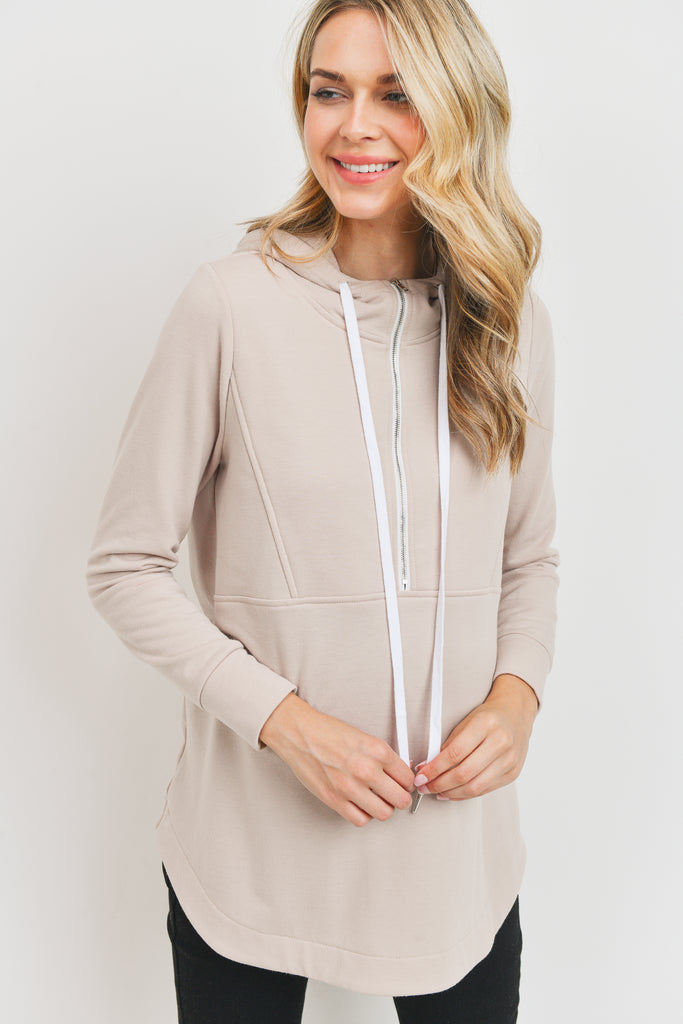 Mocha Heavy Terry(Inside Brushed) Half Zip Maternity Hoodie