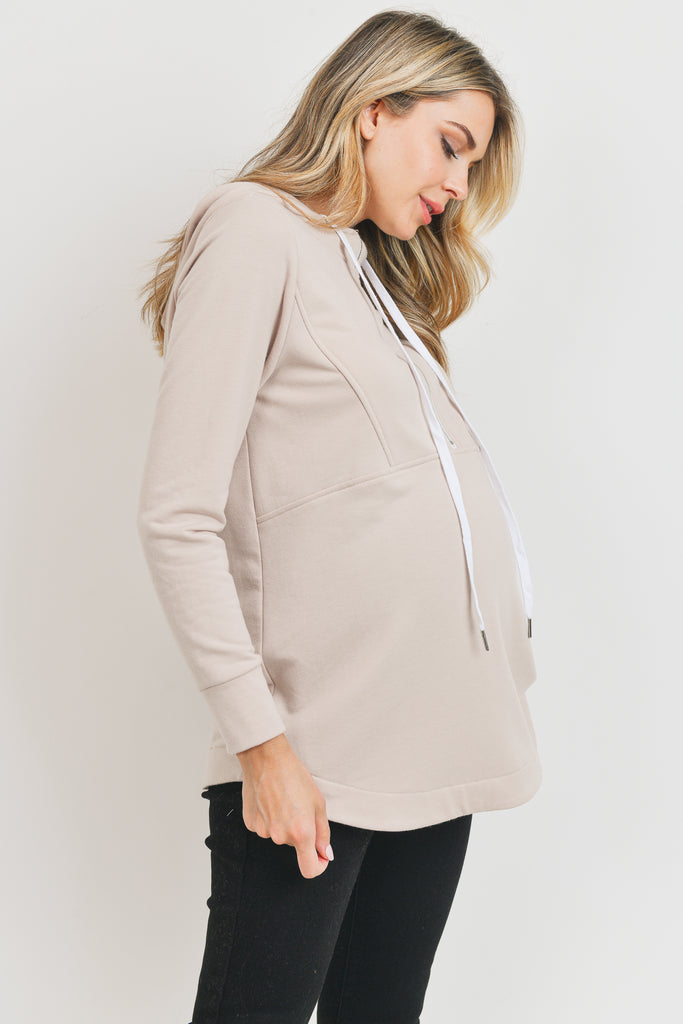 Mocha Heavy Terry(Inside Brushed) Half Zip Maternity Hoodie