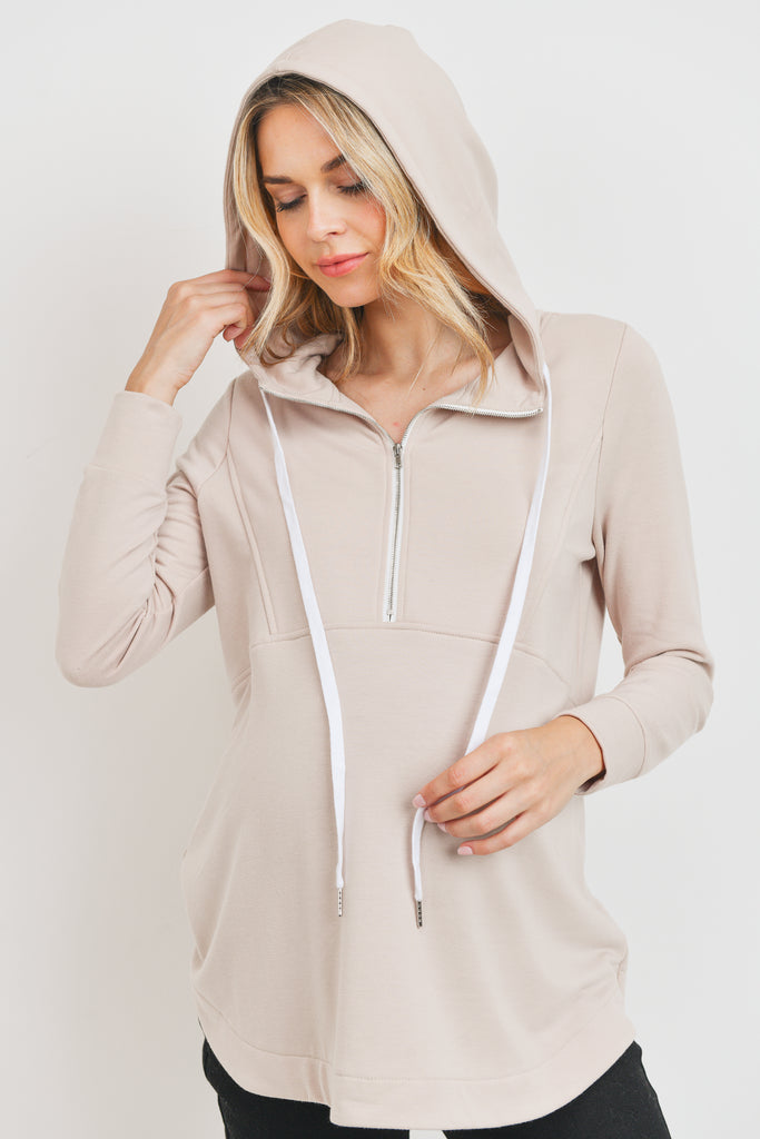 Mocha Heavy Terry(Inside Brushed) Half Zip Maternity Hoodie