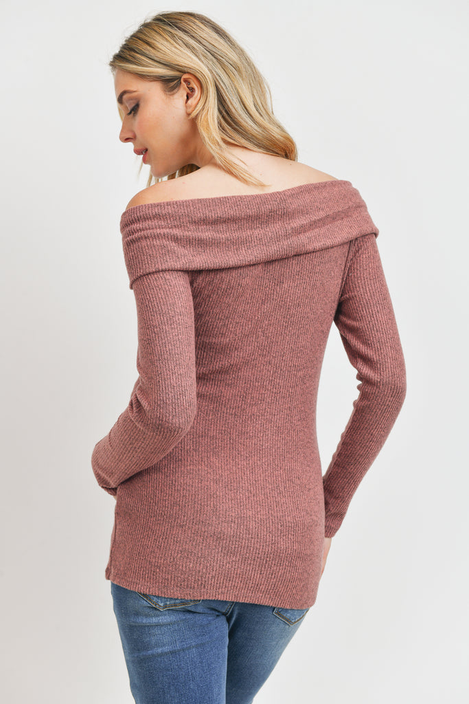 Mauve Two-Tone Sweater Knit Off-Shoulder Maternity Top