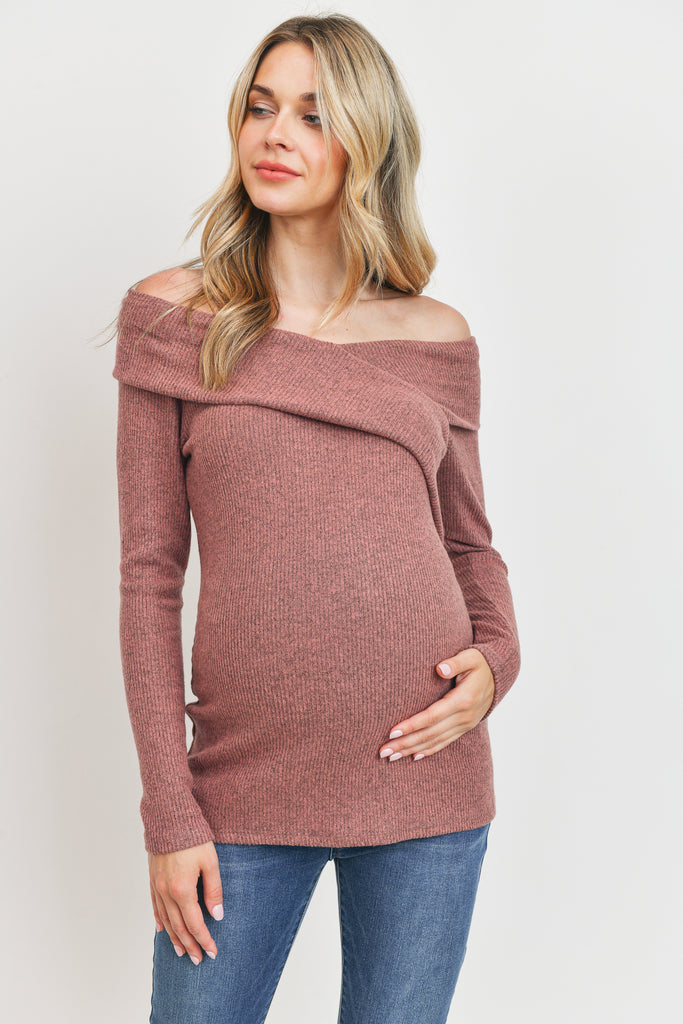 Mauve Two-Tone Sweater Knit Off-Shoulder Maternity Top