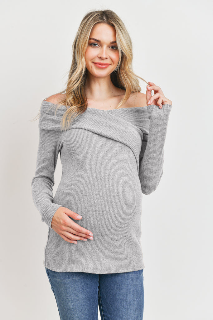 Heather Grey Two-Tone Sweater Knit Off-Shoulder Maternity Top