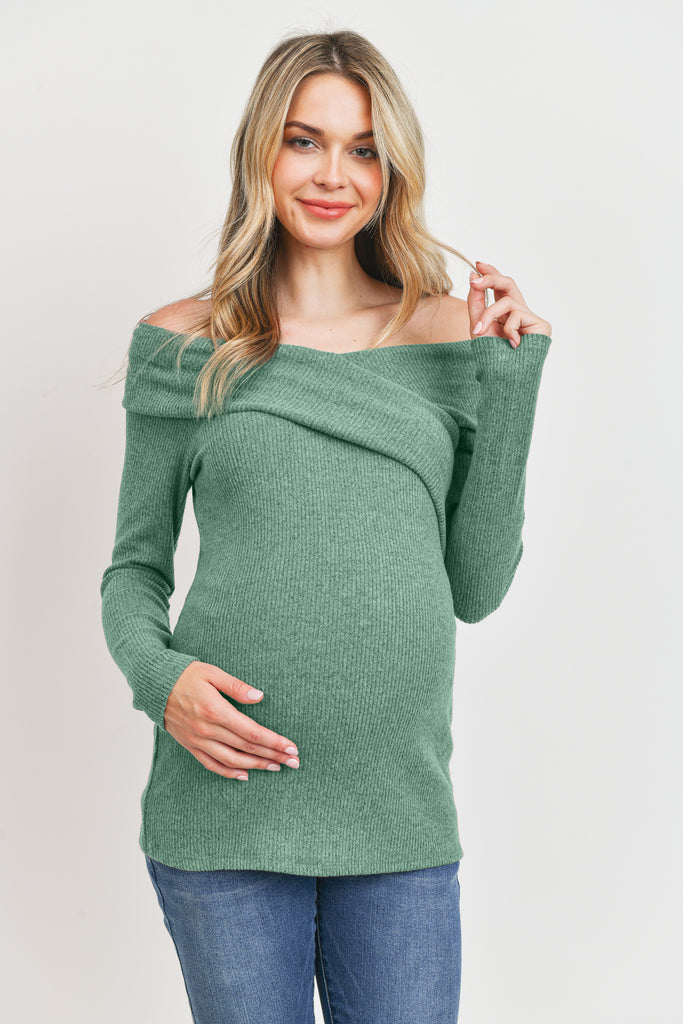 Mint Two-Tone Sweater Knit Off-Shoulder Maternity Top