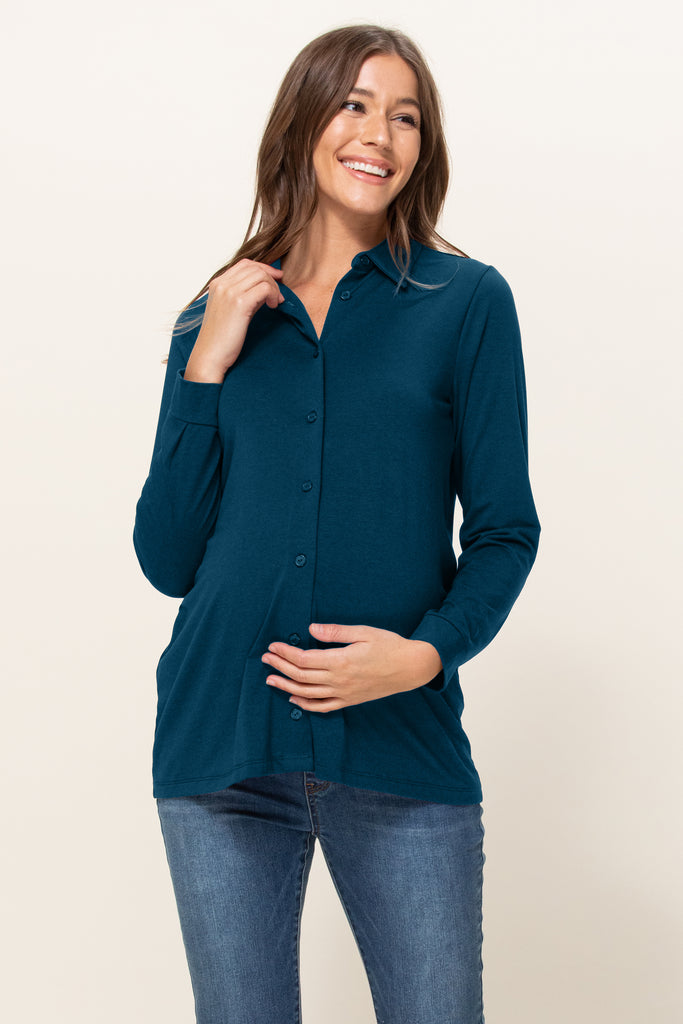 Teal Viscose/Cotton Blend Jersey Long Sleeve Maternity Blouse