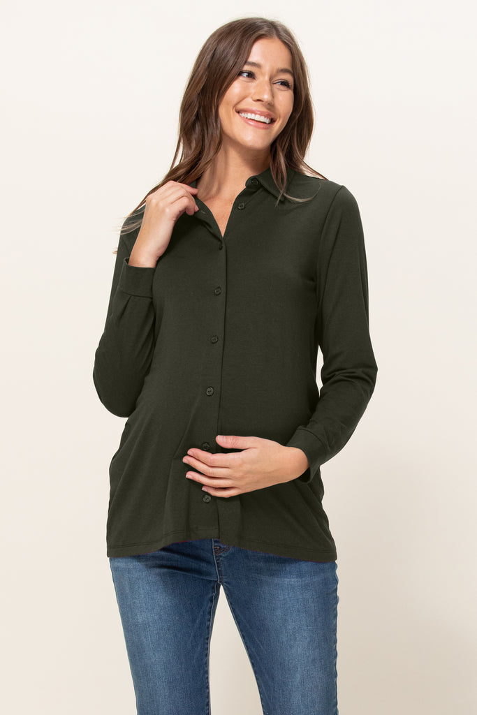 Dark Olive Viscose/Cotton Blend Jersey Long Sleeve Maternity Blouse