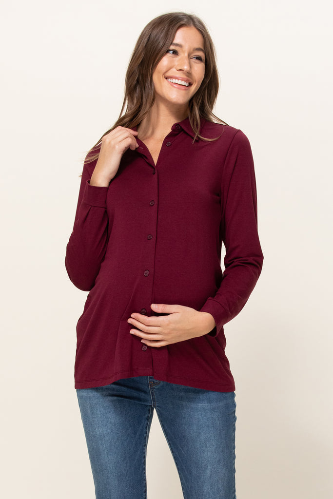 Burgundy Viscose/Cotton Blend Jersey Long Sleeve Maternity Blouse