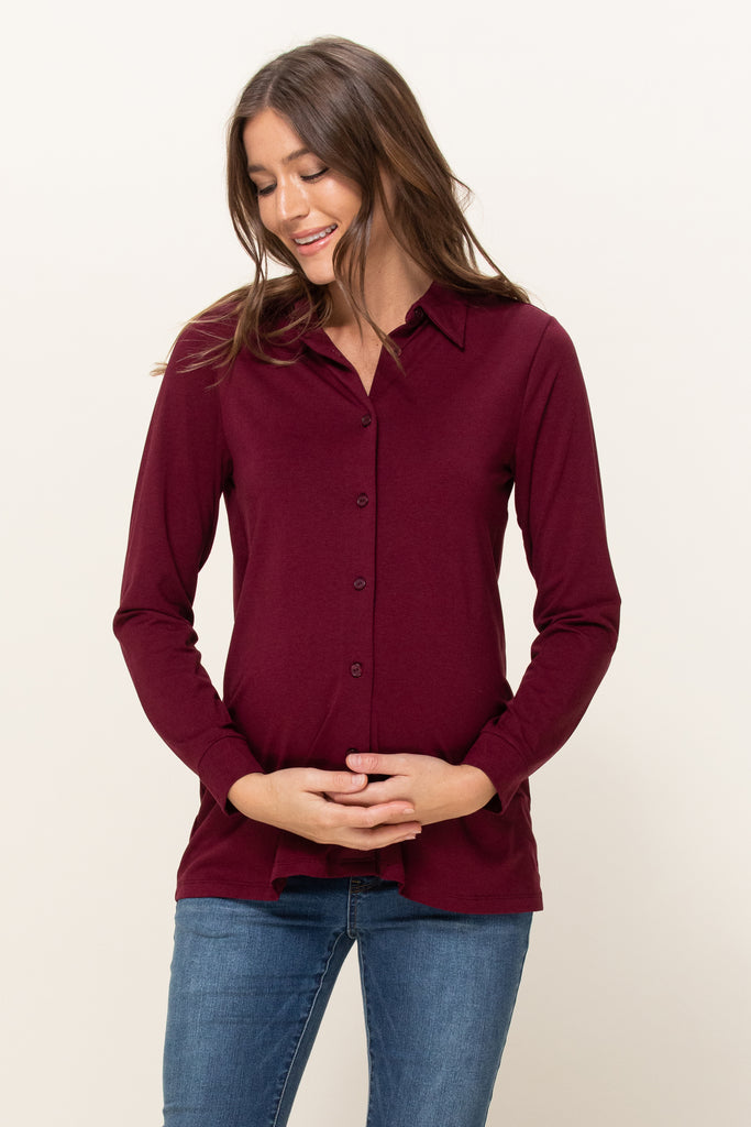 Burgundy Viscose/Cotton Blend Jersey Long Sleeve Maternity Blouse