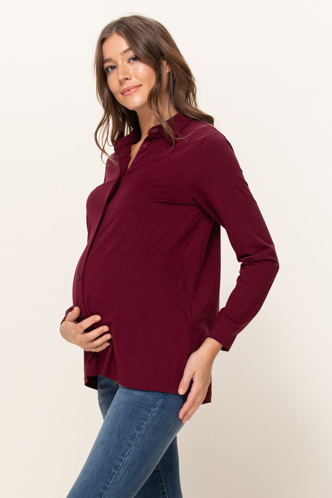 Burgundy Viscose/Cotton Blend Jersey Long Sleeve Maternity Blouse