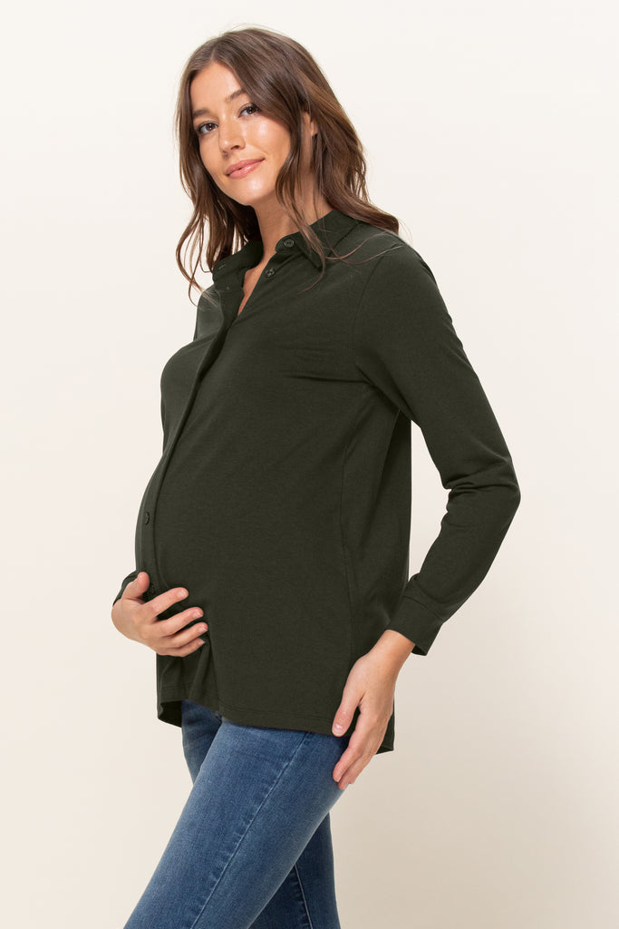Dark Olive Viscose/Cotton Blend Jersey Long Sleeve Maternity Blouse